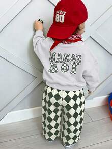 2pcs/Set Baby Boy Outfit, Crew Neck Sweatshirt With English Print Paired With Simple Casual Argyle Pattern Long Pants, Comfortable Autumn/Winter New Baby Boy Set - Light Grey - View 1