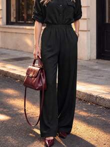 Women Fall Collared Button Front Jumpsuit, Roll‑Tab Sleeve Elastic High Waist Wide Leg One‑Piece Pants - Black - View 9
