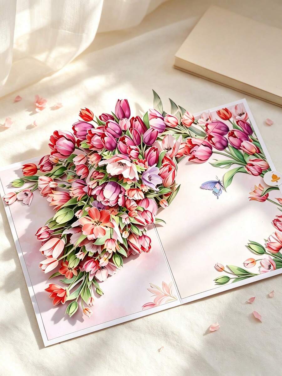 Opjoys 1 buah Kartu Ucapan Pop-Up 3D, Desain Kreatif Bunga Tulip, Kartu Ucapan Selamat Ulang Tahun, Hari Raya, Hari Ibu, dan Ucapan Selamat Universal - 1 buah - View 1