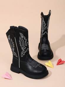 Sepatu Bot Koboi Wanita Minimalis Keren dengan Bordir Sayap, Warna Hitam, Resleting Samping, Cocok untuk Pemakaian Sehari-hari di Musim Gugur/Dingin - Hitam - View 4