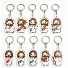10pcs 2D Flat Acrylic Cartoon Jesus Keychain, Christmas Holiday Christian Backpack Charm, Faith Blessing Pendant For Believers, Unisex Couple Car Key Chain, Baptism, First Communion, Church Event Souvenir Gift - Multicolor - View 7