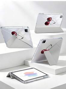 1pc Brown Leopard Print Red Cherry Tablet Case Compatible With IPad Mini6/Mini7/10.2/10.5/10.9 (Air4-Air8)/Pro 11/10th Gen/A16/Pro 11 2024, Double-Sided Painted Pattern Tablet Case With Transparent Acrylic Back Shell, Silk Texture 8-Fold Stand, Auto Sleep/Wake, Built-In Pen Slot, Pen Not Included, Some Models With Camera Frame - Multicolor - View 8