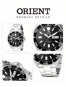 Men's ORIENT Automatic Dive Watch, Brushed Stainless Steel Bracelet, Black Dial, Rotating Bezel, 200m Water Resistant, Date And Day Display, Sports Watch - Black - View 7