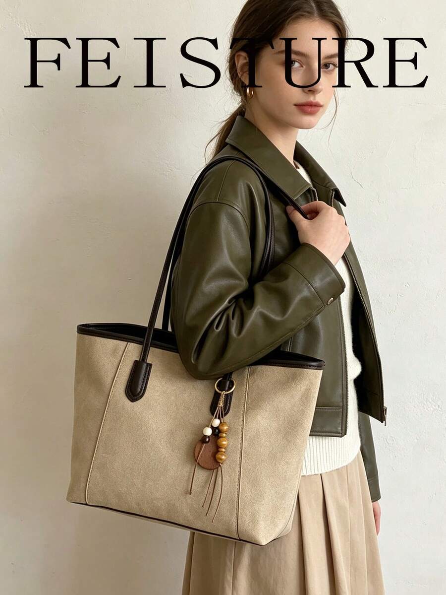 FEISTURE 1件裝 麂皮材質大容量單肩包 時尚托特包 附吊飾，適合女孩、女性、大學生、職場新人與白領上班族，適用於工作、商務、通勤、上學