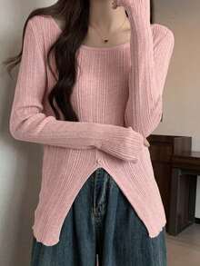 Daily Design 小眾極簡性感單肩針織上衣，收腰開衩辣妹性感女款上衣 - 藕粉色 - 查看 4