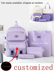 4pcs Customizable Backpack, Tote Bag, Clutch, Pencil Case, Shoulder Bag, Minimalist Large Capacity Multi-Pocket, Customizable Name, DIY Gift, Suitable For Back To School And Graduation Season, Neutral Travel Essential, Aesthetic Style - Purple - View 8