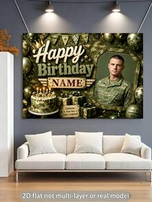 Customizable Name & Photo Camouflage Theme Happy Birthday Backdrop, Camo Balloons, Camo Cake, Gift Box, Party Hat Decor, Suitable For Birthday Party, Military Fan Birthday, Military Theme Party Photography Banner Vinyl Backdrop - Green - View 4