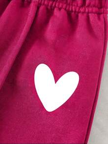 Baby Girl Cartoon Heat Transfer Print Solid Color Sportswear Set, Simple Design, Comfortable For Spring, Autumn, Winter, 2 Pieces Outfit - Hot Pink - View 5