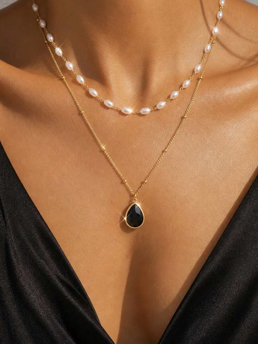 VceTd 2PCS Romantic Elegant Stainless Steel Necklace Set For Women With White Rice Bead Chain And Black Teardrop Pendant, Suitable For Daily Wear, Date, Or Holiday Gift - Yellow Gold - View 1