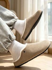 Men's Solid Color Slippers, Autumn/Winter Thin Fleece Quiet Soft Sole Anti-Slip Comfortable Indoor Floor Home Shoes - Sand - View 5