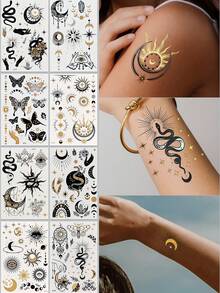 Tiebeauty 8 Metallic Gold Temporary Stickers, Waterproof Stickers With Snake, Sun, And Moon Patterns, For Face, Body, Hands, Neck, And Body Makeup. - Multicolor - View 10