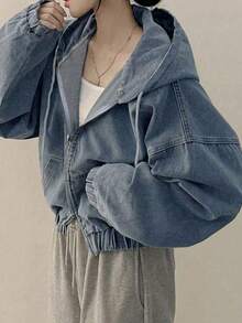 Jaket Denim Pendek Berkerudung Kasual Longgar dengan Resleting Ganda untuk Wanita, Gaya Hong Kong Serbaguna untuk Musim Semi - Medium Wash - View 4