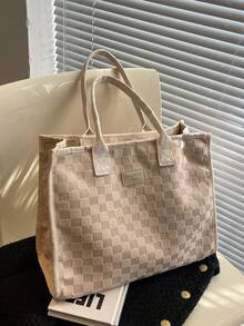 Large Capacity Tote Bag, Checkerboard Embossed Pattern, Minimalist Leather Label Decor, Multi-Compartment Storage Design, Gentle Commuter Style, Handheld Shoulder Bag, Suitable For Work Commute, Student School, Travel Shopping, Daily Versatile Women's Bag - Beige - View 9