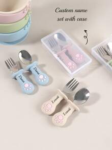 2pcs Custom Name Cat Paw Baby Fork & Spoon Set, Silicone Handle Stainless Steel Toddler Self-Feeding Training Cutlery With Case - Multicolor - View 1