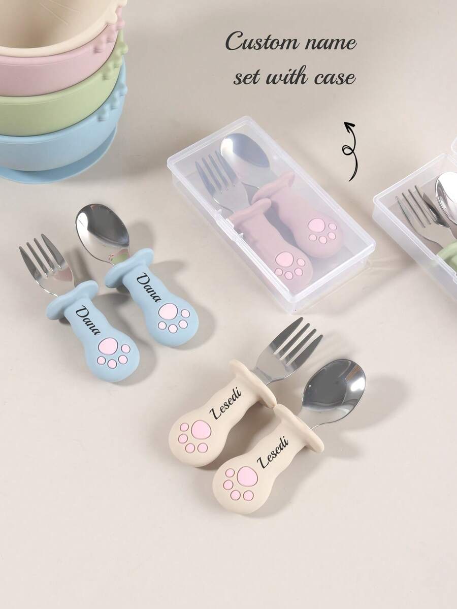 2pcs Custom Name Cat Paw Baby Fork & Spoon Set, Silicone Handle Stainless Steel Toddler Self-Feeding Training Cutlery With Case - Multicolor - View 1