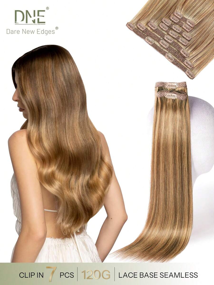 DNE HAIR 7Pcs Clip In Human Hair Extensions 120G F4/27 Middle Brown And Blonde Double Weft Invisible Clip Ins Remy Hair Extensions Seamless Soft Thick Ends Anti Shedding Reusable Hair Extensions For Thin Hair Salon Daily Wedding Party Styling For Women Girls - S4/27 - View 1