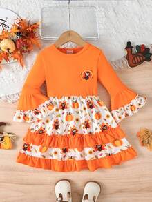 BrownBark Girls' Thanksgiving Turkey & Pumpkin Print Long Sleeve Colorblock Ruffle Hem Dress, Suitable For Autumn Holiday Party Outfit And Photo - Orange - View 5