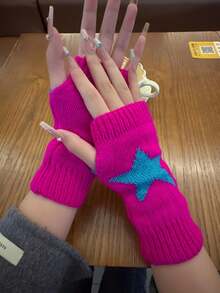 1pc Knitted Knitted Star Jacquard Half Finger Gloves, Autumn/Winter Warm Contrast Color Fingerless Hand Socks Sleeve Covers, Unisex - B - View 2