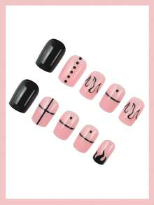 24pcs Short Square Press On Nails Nude Pink And Black Color Block With Simple Hand Painted Lines Suitable For Men And Women Ideal For Youngsters For Daily Commuting And Outings Autumn Winter And Christmas Styles - Multicolor - View 3