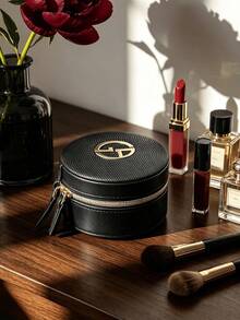 Black Water‑Ripple Textured Round Cosmetic Pouch Double‑Zipper Circular Makeup Case With Large 3D Metal Logo Faux‑Leather Portable Travel Storage Bag For Cushion Jewelry Small Cosmetics Holiday Gift Armani - Black - View 2