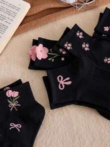 5/10 Pairs White And Pink Girls' INS Style Short Floral Bow Pattern Socks, Moisture-Wicking, Comfortable Mid-Calf Socks, Suitable For Daily Wear, Spring And Summer - Multicolor - View 3