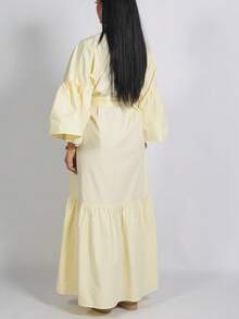 Women's Plus Size Elegant Long Shirt Dress, Casual Flared Sleeves, Stand Collar With Front Tie And Ruffle Hem, Suitable For Spring, Autumn, Winter Party And Vacation - Yellow - View 7