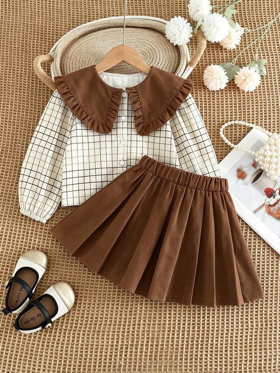 Young Girl's 2pcs Set Bow Print Peter Pan Collar Long Sleeve Top + Skirt - Brown - View 1