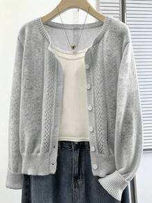 Plus Size Women's Elegant Solid Color Knit Cardigan With Buttons, Casual Slouchy Comfortable Thin Knit Sweater Jacket For Autumn/Winter, Suitable For Outings, Versatile Top - Grey - View 1
