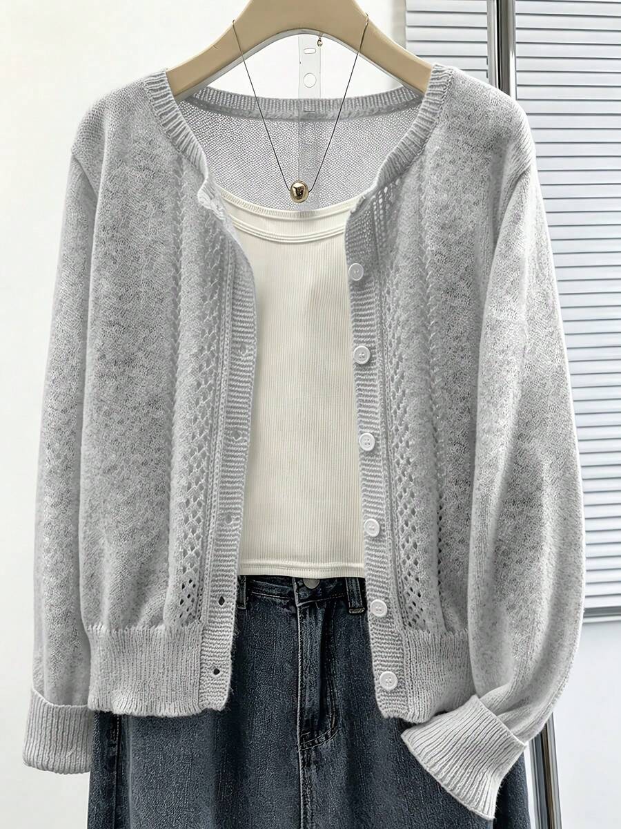 Plus Size Women's Elegant Solid Color Knit Cardigan With Buttons, Casual Slouchy Comfortable Thin Knit Sweater Jacket For Autumn/Winter, Suitable For Outings, Versatile Top - Grey - View 1
