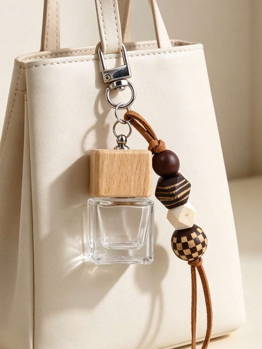 زجاجة عطر زجاجية مربعة صغيرة قابلة لإعادة التعبئة مع سلسلة مفاتيح وخرزة خشبية، تعليقة حقيبة فارغة، زجاجة عطر محمولة للسفر، إكسسوارات للحقيبة اليدوية - متعدد الألوان - مشاهدة 1