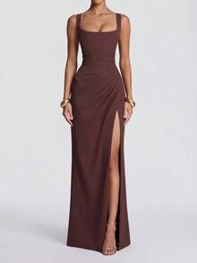 Sexy Summer Spaghetti Strap Lace Up High Quality High Slit Backless Ruched Brown Long Maxi Bodycon Dress Night Out Evening Party Dress - Brown - View 6
