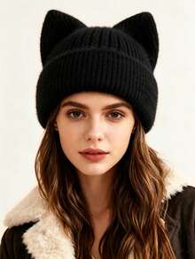 Pc Women Cute Cat Ear Knit Beanie Hat, Soft Plush Ribbed Cuffed Beanie, Solid Warm Winter Hat For Daily Wear - Cat Ear Knitted Hat - View 2
