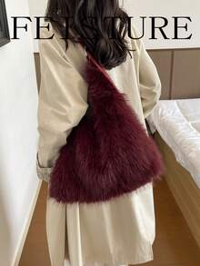 FEISTURE 1件秋冬毛絨單肩包，大容量馬鞍包，女款毛茸茸包款，適合女孩、女士、大學生、職場新人與白領上班族，完美適用於工作、商務、通勤、上學 - 紅色 - 查看 6
