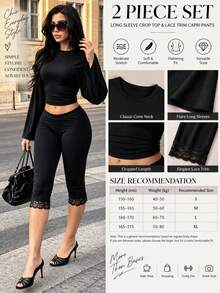 Women's Solid Color Long Sleeve Cropped Top And Lace Trim 3/4 Pants 2 Pieces Set, Slim Fit Black 2 Pieces Matching Outfit, Streetwear, Women's Vacation Outfit - Black - View 7