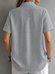 Casual Basic Plus Size Women's Button-Front Short Sleeve Shirt Blouse - Grey - View 2