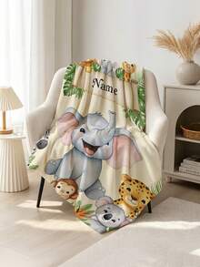 1pc Customizable Name Jungle Animal Blanket, Elephant Lion Zebra Monkey Koala Pattern, Soft Flannel Throw Blanket, Suitable For Home Sofa Decor, Deer Blanket, Floral Blanket, Personalized Gift, Personalized Souvenir Gift, All-Season Sofa Nap Throw Blanket, Great Gift For Commemoration - Style 1 - View 3