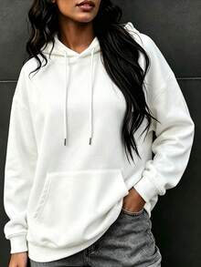 Women's White Loose Comfortable Hooded Sweatshirt, Warm Lining Drawstring Pullover, With Pockets, Suitable For Autumn/Winter Wear - White - View 6