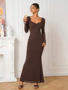 PARTHEA Elegantes braunes Mesh-Meerjungfrau-Maxikleid mit quadratischem Ausschnitt, langen Ärmeln, geraffter Brust und rückenfreiem Design, Abendkleid für Hochzeitsgäste für Frauen - Braun - Übersicht 4