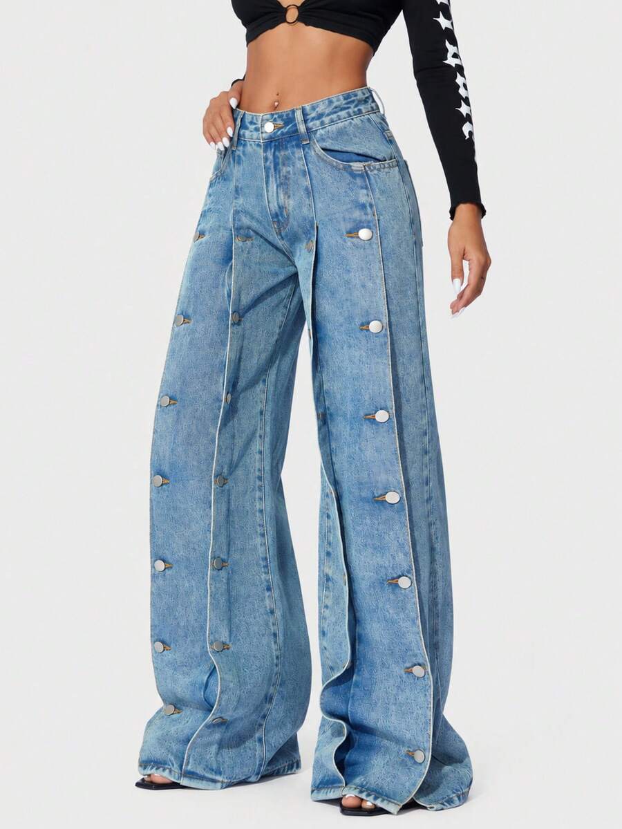 Celana Jeans Wanita Biru Kasual Pinggang Rendah Kaki Lebar dengan Kantong Miring Melengkung - Royal Blue - View 1