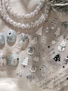 1pc Full Coverage 5D Embossed Metallic Nail Sticker, Christmas Snowman Rabbit Tree Wreath Bow Pattern, Glossy 3D Textured Nail Art Decor, Suitable For Christmas Party DIY Nail Art - Multicolor - View 5