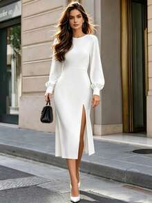Elegant Vintage White Fitted Slit Bodycon Midi Dress, Lantern Long Sleeve Round Neck Cinched Waist Midi Dress, Party Banquet Atmosphere Dress, Suitable For Date, Banquet, Commute And Other Multiple Occasions, Showcasing Gentle And High-End Lady Atmosphere - White - View 5
