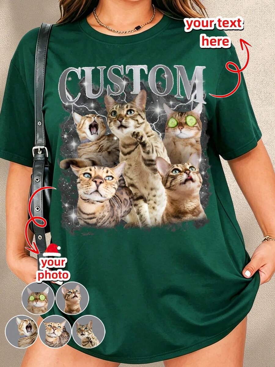 客製化 Y2K 大尺碼 T-shirt,90 年代復古照片印花 T-shirt,可客製照片與文字的肖像 T-shirt,姐妹與班級團體客製 T-shirt - 墨綠色 - 查看 1