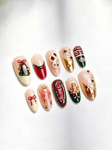 10pcs Handmade Christmas Press-On Nails, Almond Shape 3D Gingerbread Man Christmas Tree Cookie Sock Bow Cake Embossed Design, Reusable Fake Nails, Suitable For Holiday Parties - Multicolor - View 6