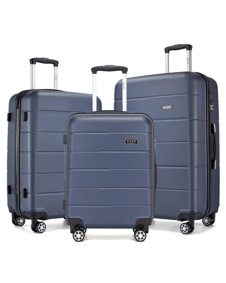 Travel Luggage Set 3 Piece Hard Shell Suitcase With Spinner Wheels TSA Lock Cabin Carry On 20 Inch 24 Inch Medium 28 Inch Large ABS+PC Case Navy Blue - Navy Blue - View 1