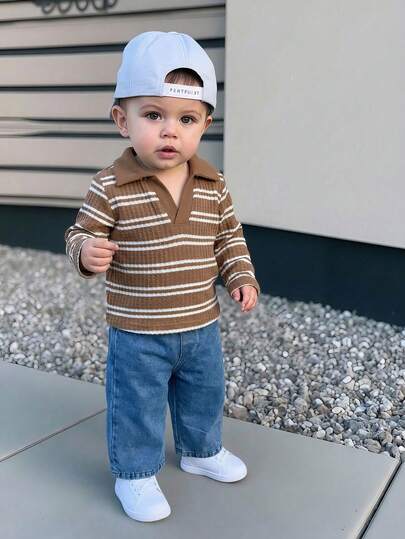 Setelan Bayi Laki-laki Awal Musim Gugur Modis, Atasan Rajut Bergaris Kerah Polo + Celana Panjang Lebar 2 Potong, Pakaian Kasual Gaya Korea Musim Semi/Musim Gugur, Unisex untuk Sehari-hari, Aktivitas Luar Ruangan, Sekolah, Perjalanan, Pesta, Liburan, dan Pemakaian Sehari-hari