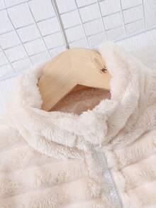 Autumn/Winter Tween Girls Casual Solid Color Open Front Zipper Short Plush Jacket, Suitable For Autumn/Winter Outings, Plush Texture Long Sleeve Design - Apricot - View 4