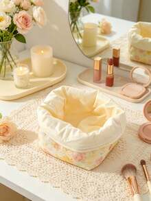 Reversible Floral Fabric Storage Basket For Women, Foldable Open Top Makeup Organizer Bin, Portable Soft Cloth Desktop Storage Holder For Small Items - Multicolor - View 10