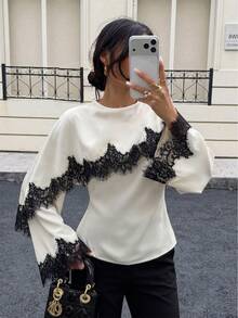 Elegant Lace Patchwork Women's Blouse, Autumn Vintage Party Commute Cinched Waist Flared Sleeve Round Neck 2-In-1 Shawl Blouse, Vacation Style - White - View 1