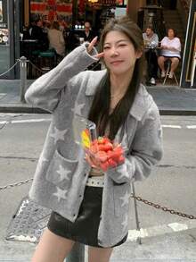 Women's Loose Star Pattern Cardigan Knit Sweater, Autumn/Winter - Grey - View 3