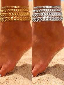 imoli 4pcs/Set Bohemian Holiday Vacation Style Metal Multi-Layer Anklet Set, Suitable For Women Beach Party Jewelry Gift - 32761-ank-g-eP - View 3